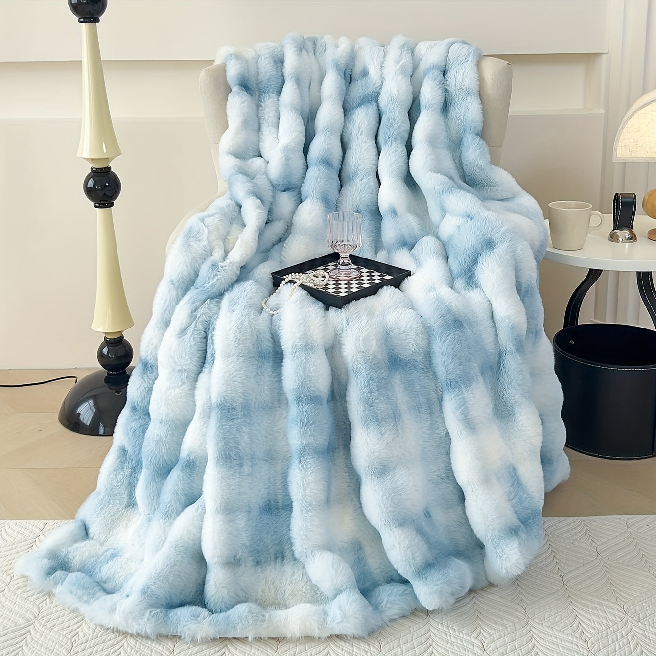 One piece of tie-dye faux rabbit fur blanket with shaggy short plush material for a soft, fluffy bed or sofa blanket, perfect for cozy naps and throws.