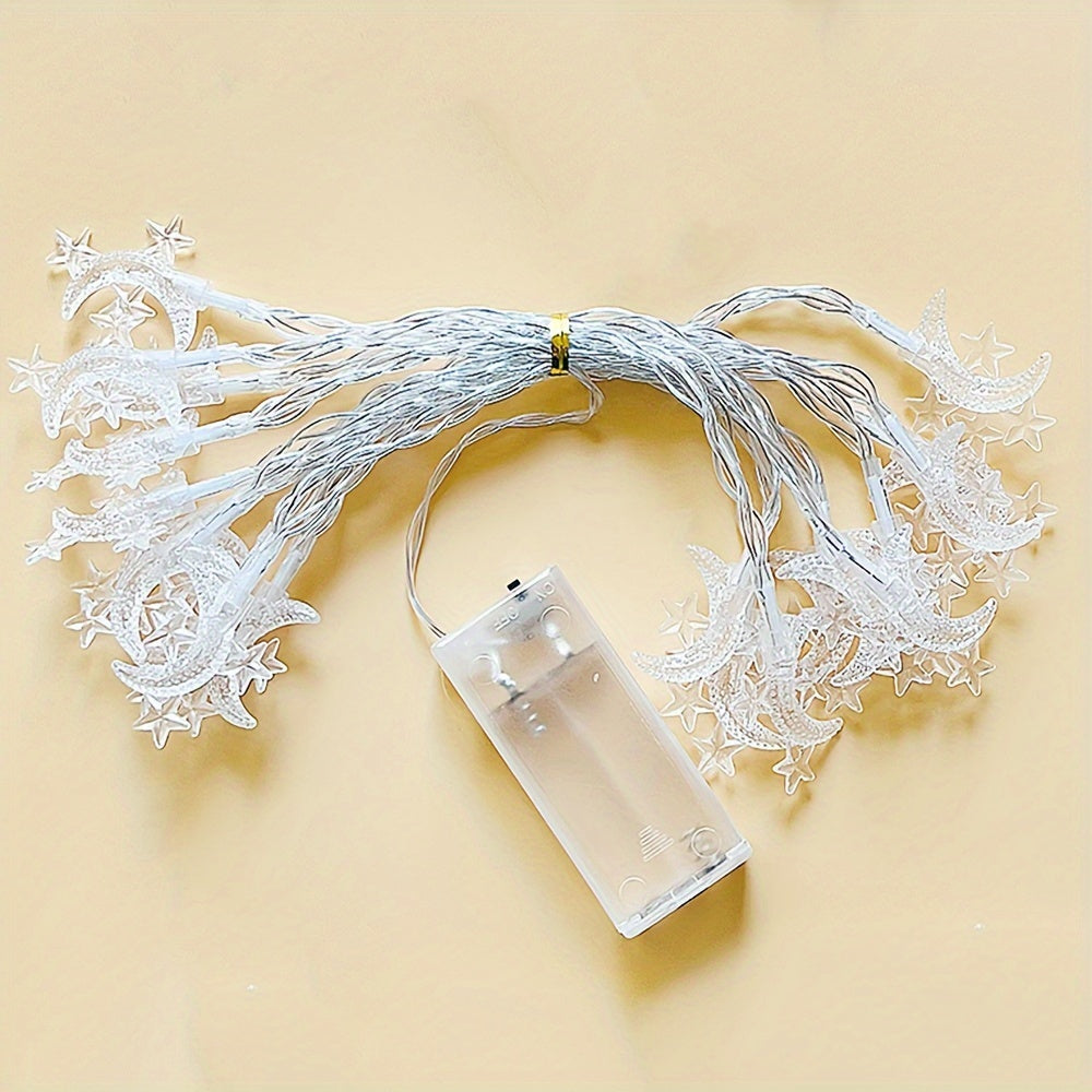 Battery powered star and moon light string for home decor, suitable for various festive decorations.