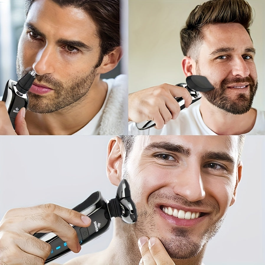 Get a smooth shave anywhere with CHIN 4D electric shaver for men. This shaver includes nose and sideburn trimmers, face cleaning brush, stainless steel blades, and is USB rechargeable.