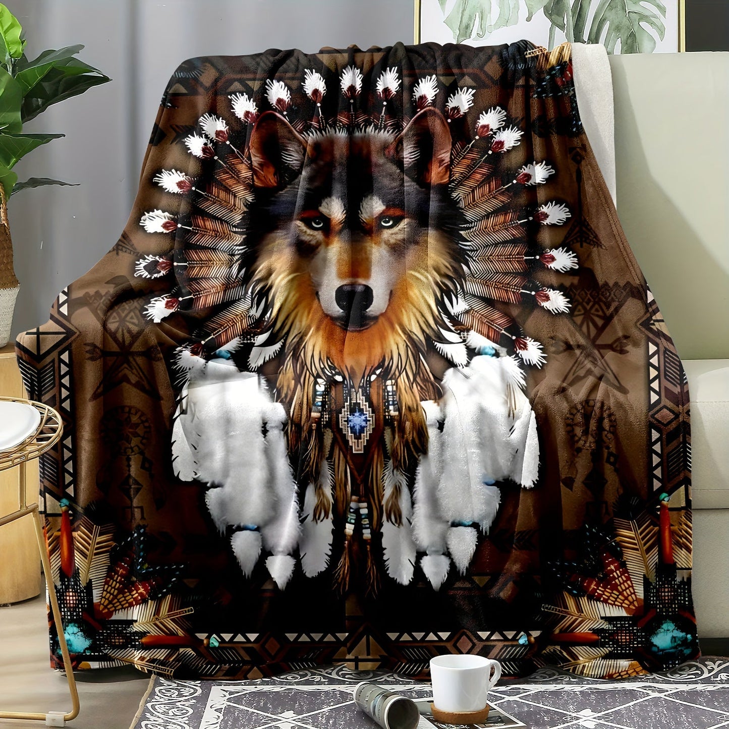 Modern Wolf Head Print Flannel Throw Blanket, featuring a Geometric Pattern, made from All-Season Knitted Polyester, perfect for Home, Office, or Camping - Offered in Various Sizes