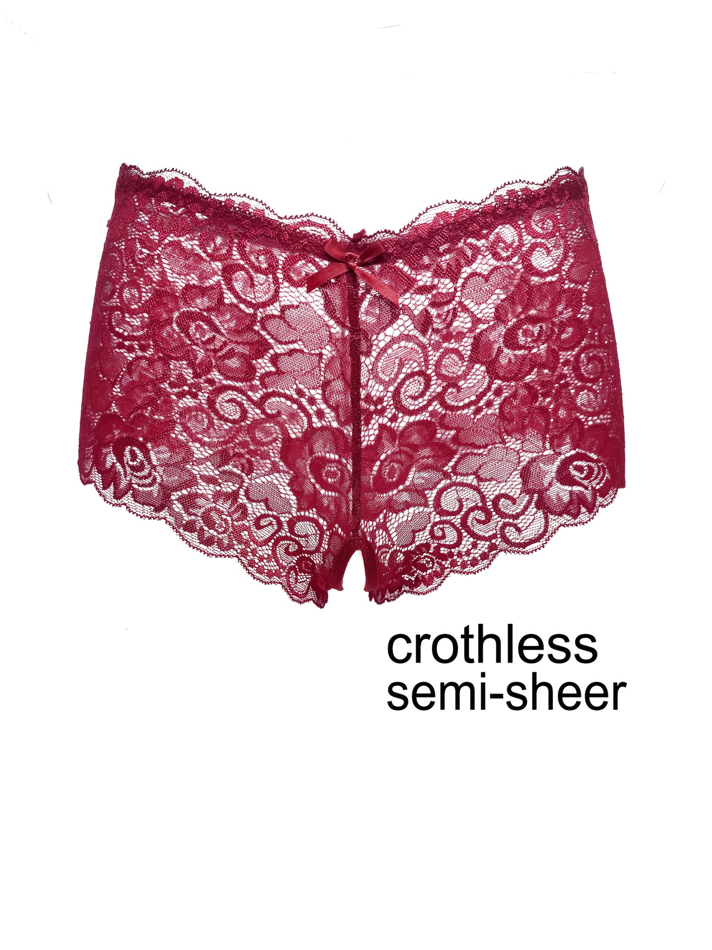 Valentine's Day lace open-crotch panties for women in red with bow details.