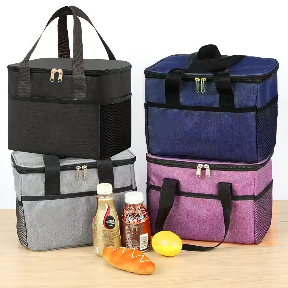 Insulated lunch bag with aluminum lining, made with double-layered Oxford fabric for a large capacity. Features front and side pockets, perfect for office, picnic, camping, or travel. Convenient and portable food storage option that is machine washable.