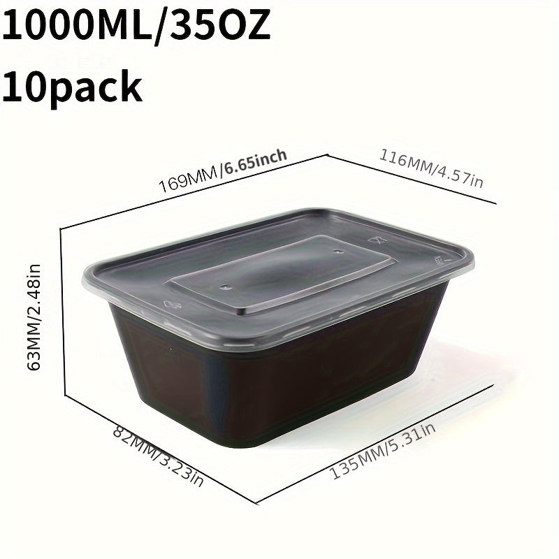 Set of 10 containers, each 35oz. These meal prep containers are microwaveable and come with lids. They are leakproof, stackable, and disposable bento boxes perfect for healthy meals and on-the-go foods.