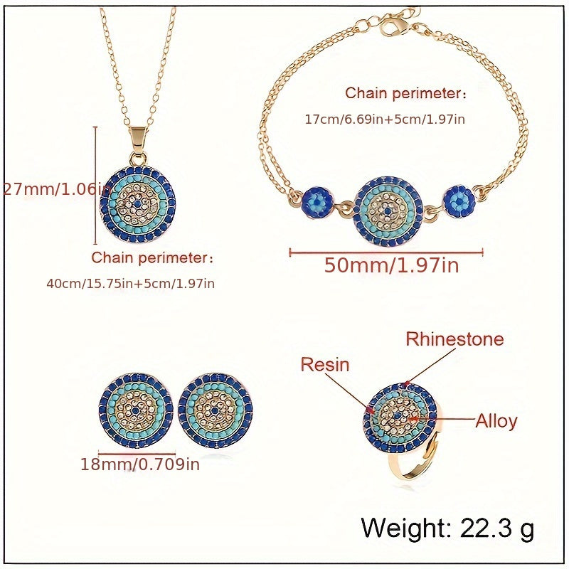 Chic 5-piece Devil's Eye Jewelry Set featuring a timeless blue eye necklace and earrings, with a stylish Middle Eastern-inspired design, perfect for women.