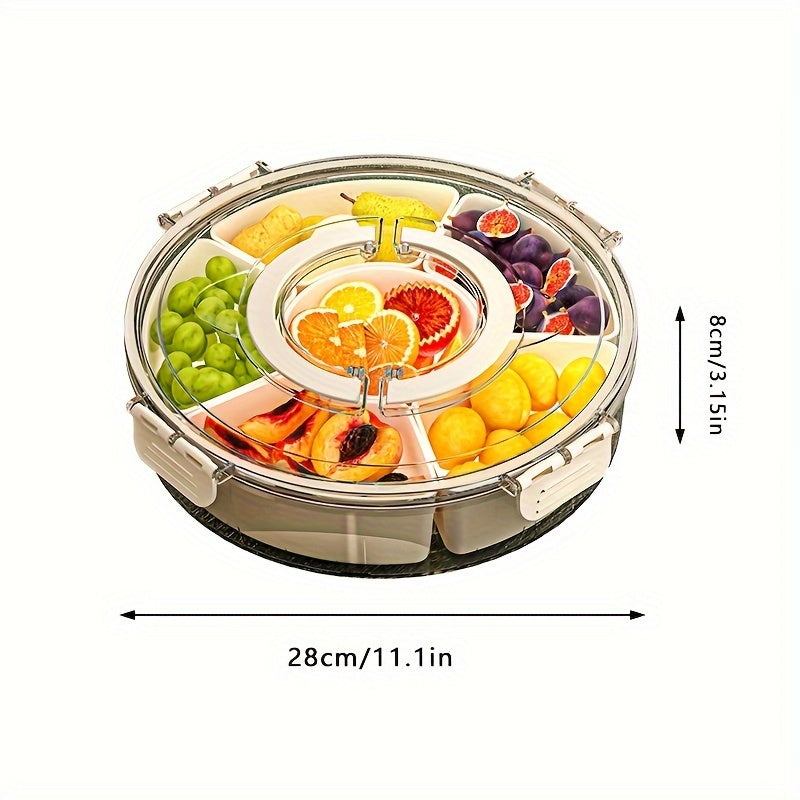 Rotating snack tray with lid for food storage and display, perfect for home, parties, and holidays. Safe for food contact, suitable for various occasions. Ideal for nuts, dried fruit, candy.