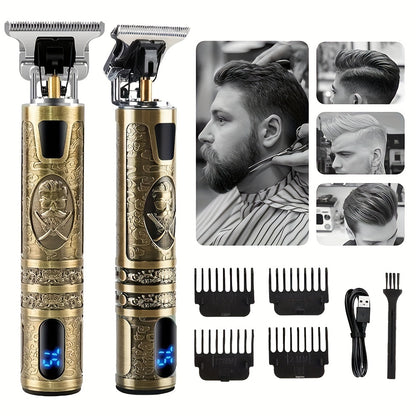 WEEME T9 Blue Light LCD Hair Clipper with USB Charging and 4 mythical beast designs. Includes accessories for precision grooming and versatile styling. ABS body and 600mAh battery for