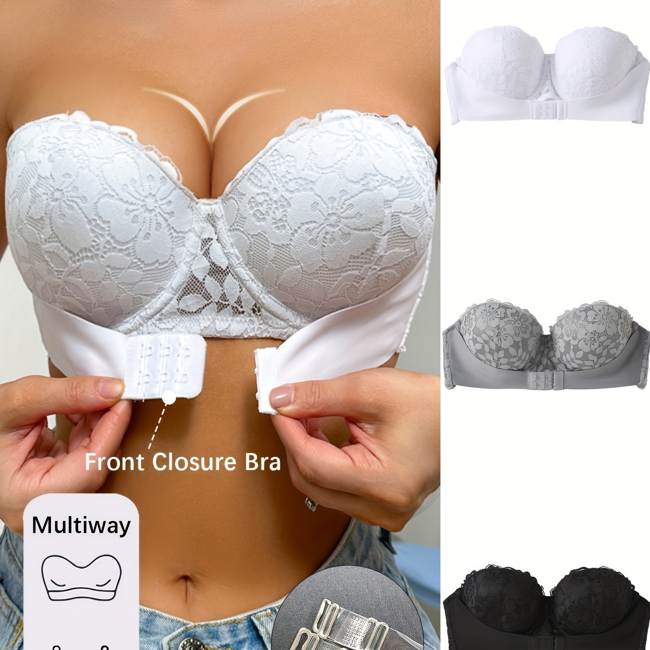 3 Elegant Lace Strapless Bras for Women in White, Gray, and Black - Front Closure, Push-Up Balconette Style with Non-Removable Pads, Breathable & Comfortable.