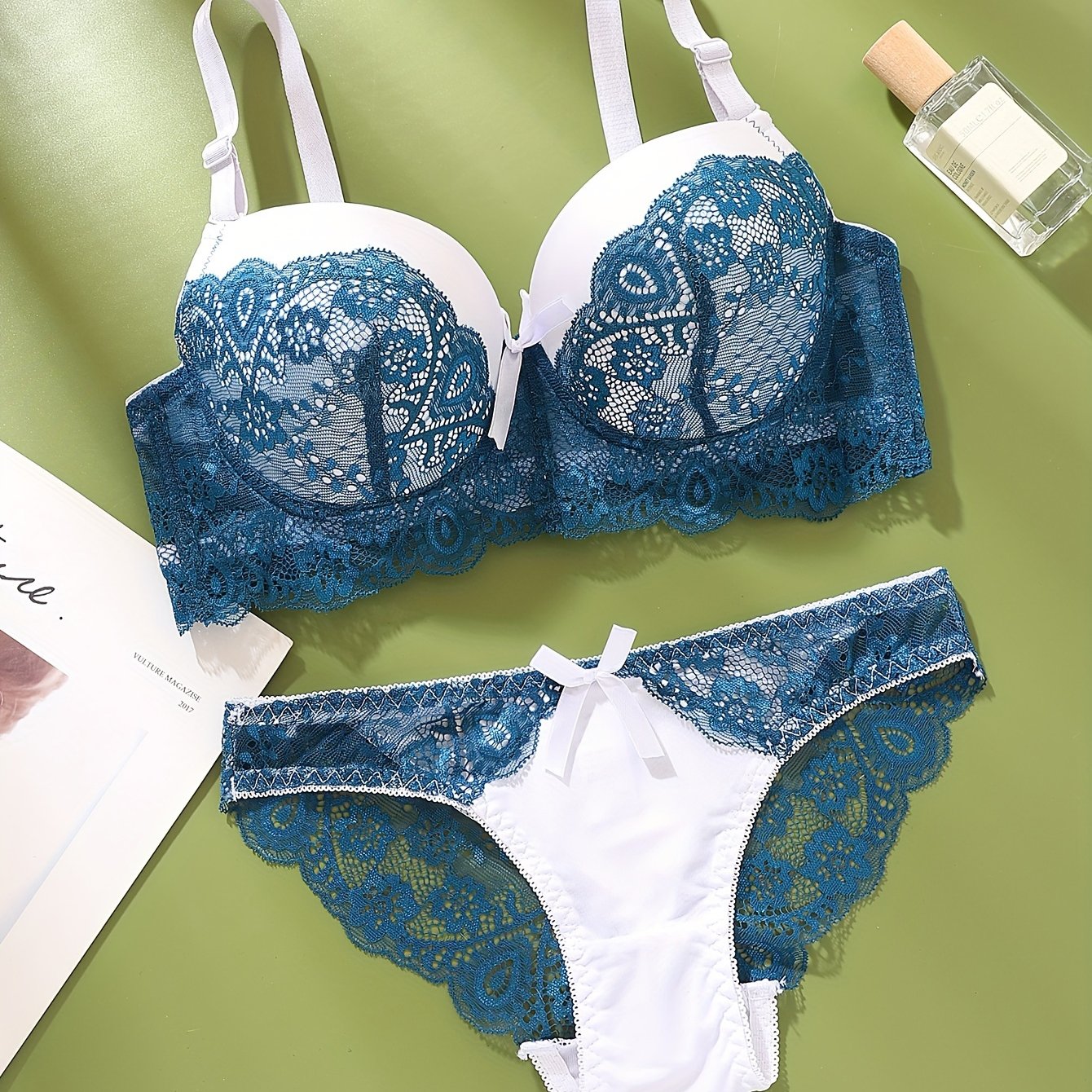 French Romantic Stylish Sexy Women's Bra Set with Lace Color-Blocking, Including Lingerie and Panties - all in one set.