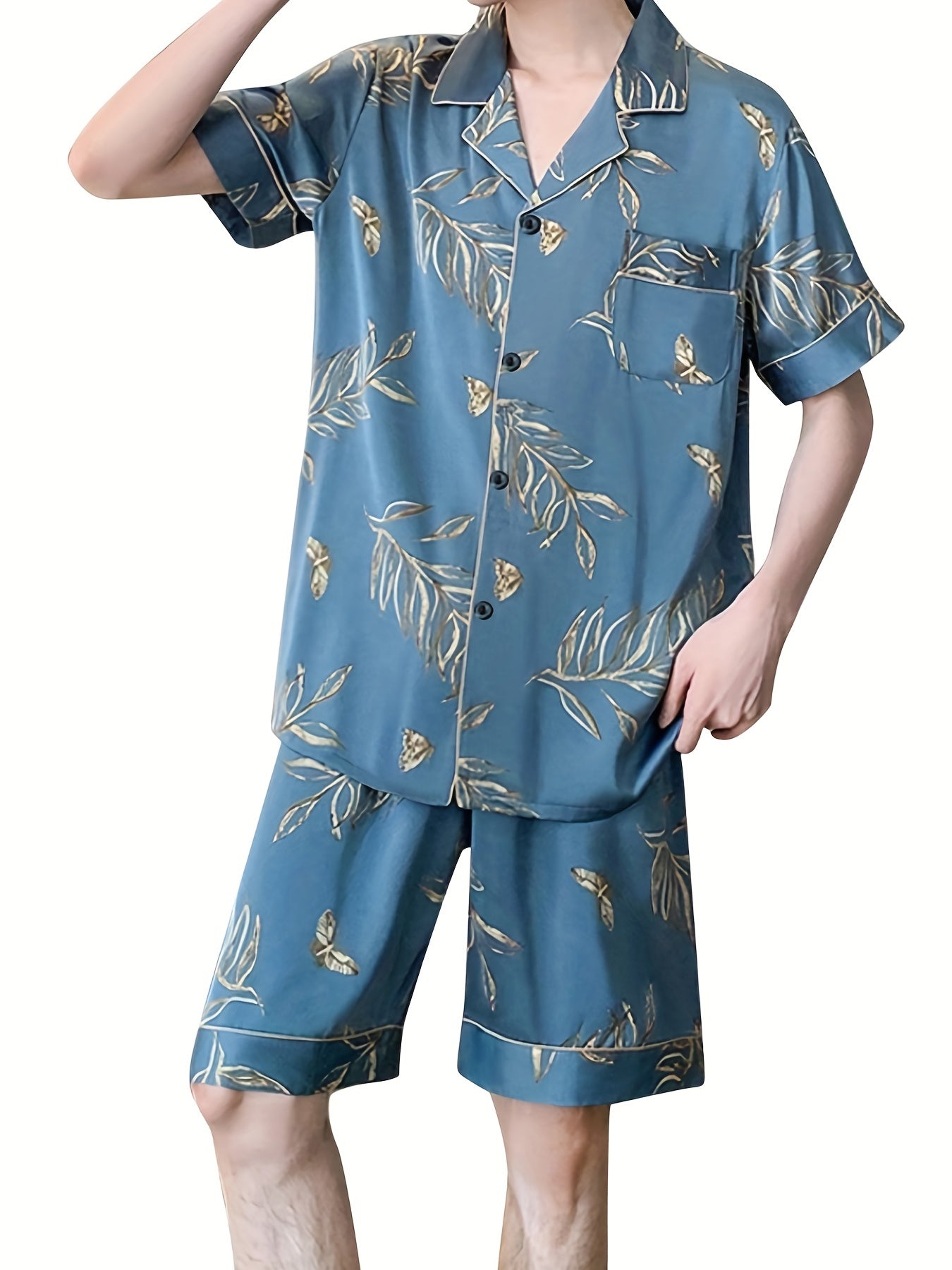 Men's Summer Floral Pajama Set with Lapel Collar, Short Sleeve, Button Detail, Regular Fit, 97% Polyester 3% Elastane - Black