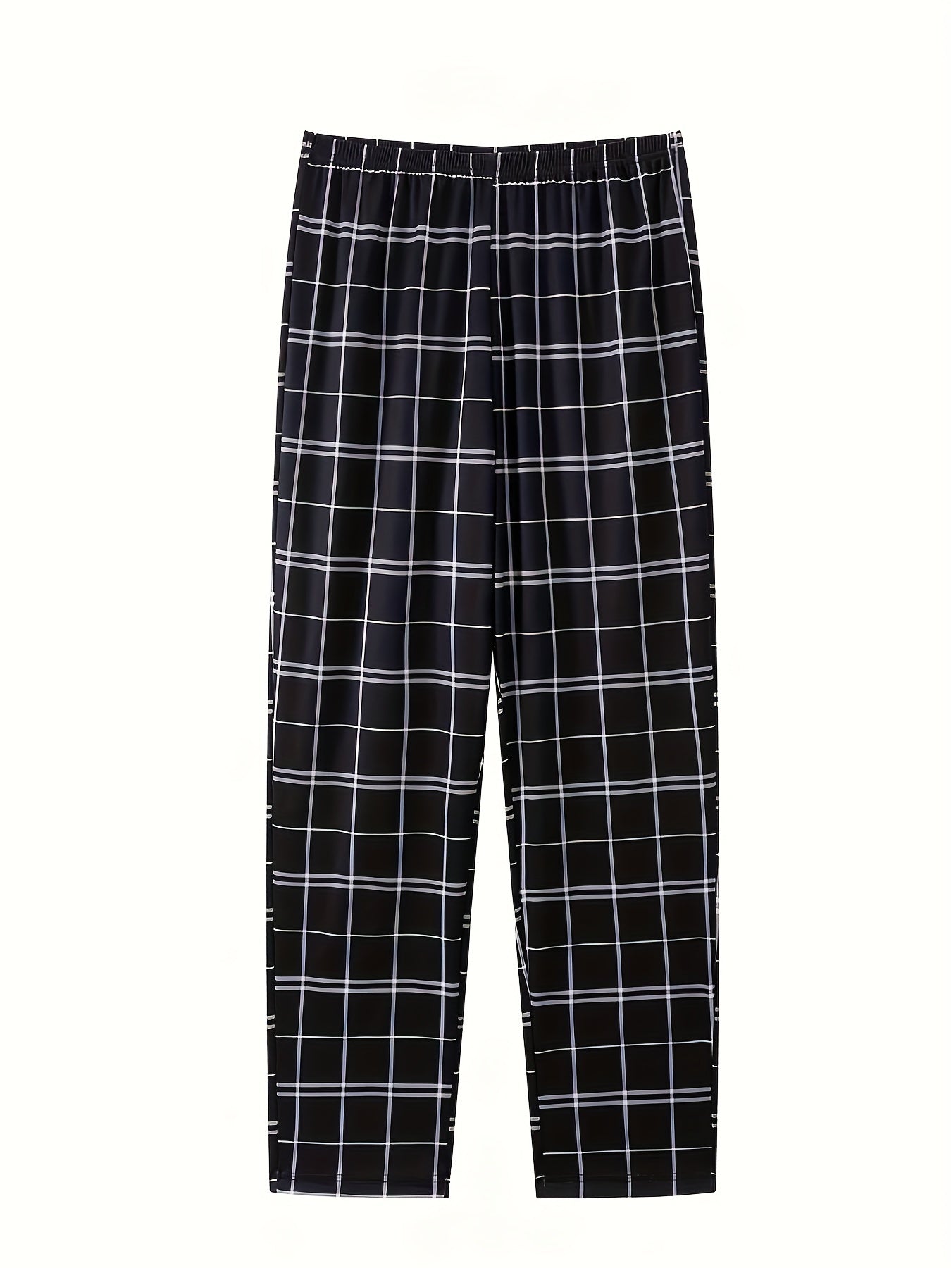 Men's 3-piece pajama set in black/white, featuring a short-sleeve tee with plaid pocket, elastic waist shorts, and pants. Made of soft polyester blend, machine washable.