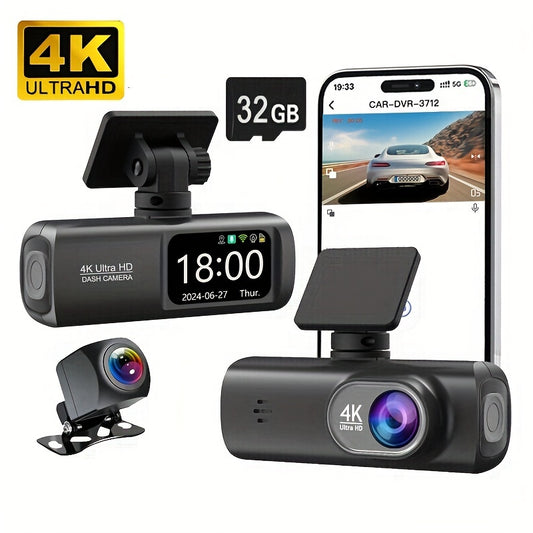 4K UHD front and 1080P rear dual dashcam with WiFi, hidden design, smart app control, super night vision, parking mode, G-sensor, loop recording, and free 32GB SD card.