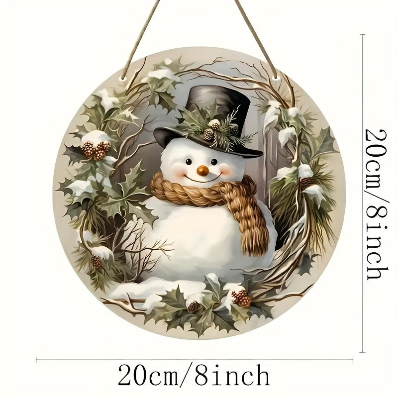 Charming snowman wreath wooden sign with top hat and scarf - perfect for Christmas and all-season home decor. Ideal gift for friends and colleagues. Adds wintery charm to any space.