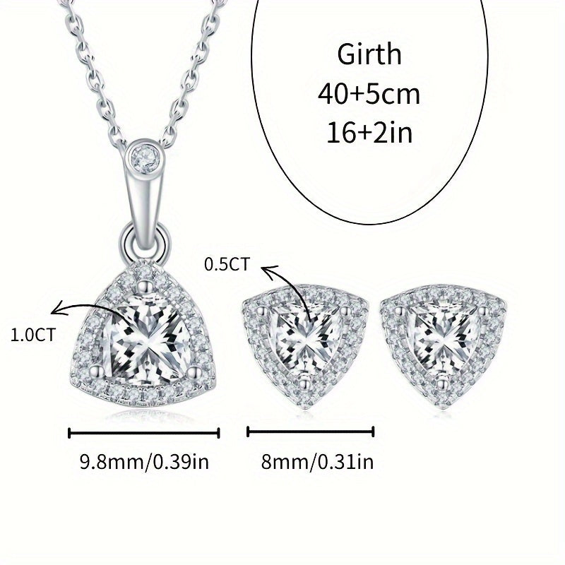 Sleek and sophisticated S925 silver-plated triangle pendant necklace and earring set adorned with sparkling moissanite gems. The perfect choice for an elegant party or birthday gift for teenage girls. Also ideal for holiday or party decorations, bridal