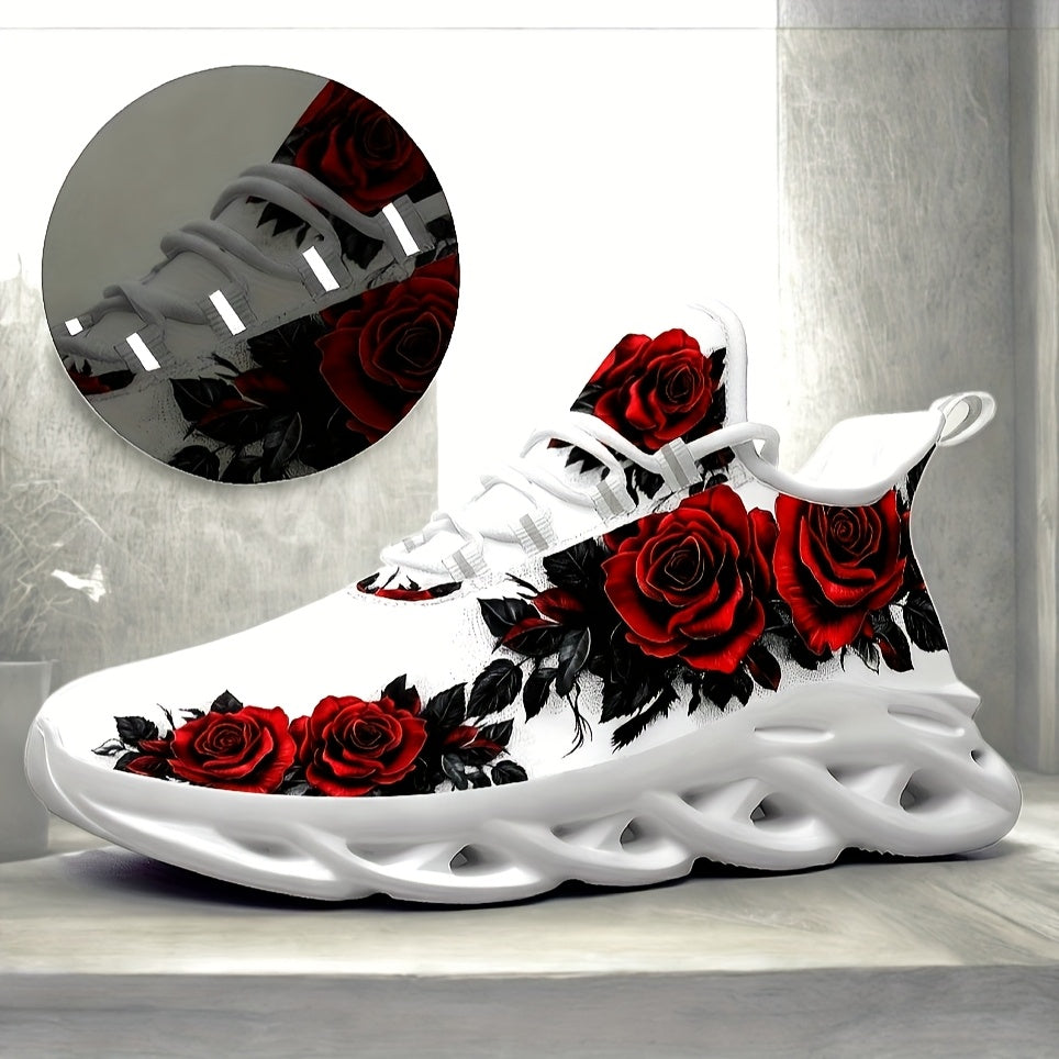 Plus size black rose sneakers with lightweight, cushioned support, breathable fabric lining, and stylish red rose design. Comfortable for all seasons.