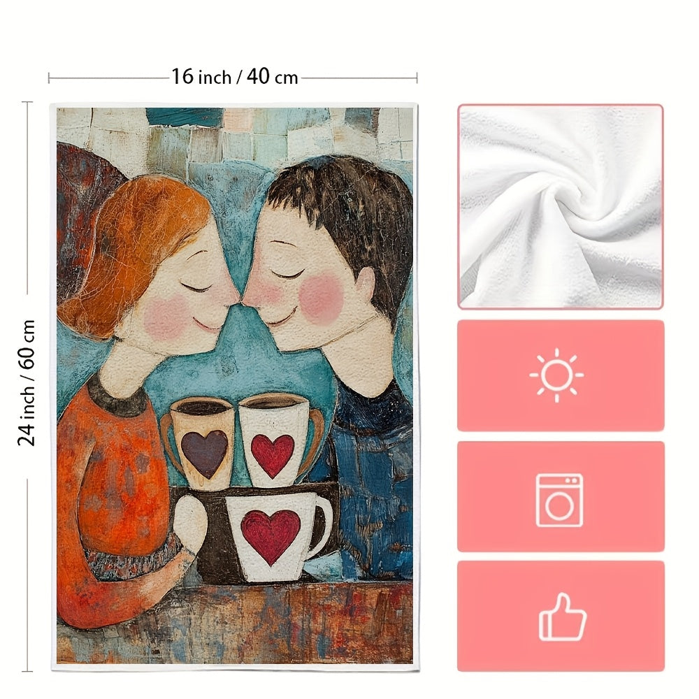 Enjoy the cozy charm of these two ultra-soft kitchen towels, adorned with a delightful design of two people sharing a coffee shop moment. With heart-printed mugs in hand, they smile warmly at each other, creating a festive and inviting atmosphere. These