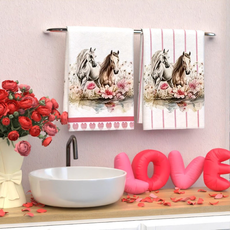 Get your hands on this delightful set of two kitchen towels featuring flowers, stripes, and two horses. Measuring at 45.72*66.04cm, these towels are perfect for decorating your kitchen, giving as a gift, using in the bathroom, or adding to your home