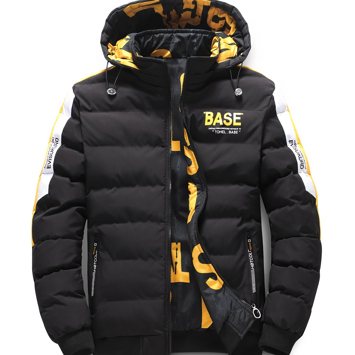 Men's hooded jacket with alphabet pattern, regular fit, non-stretch fabric, zipper details, and polyester fiber filling for winter.