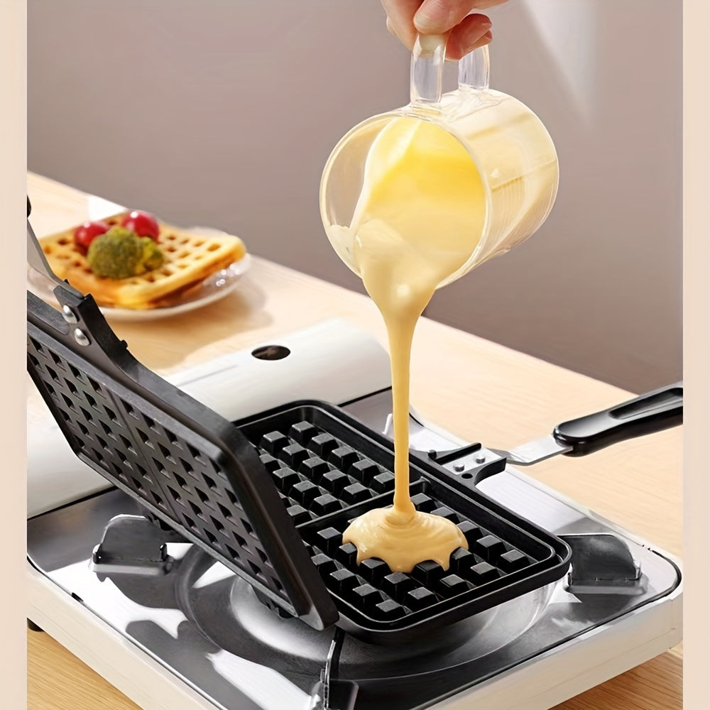 Get ready to make delicious double-sided waffles at home with this durable aluminum alloy waffle maker featuring non-stick plates and a long handle for easy flipping.