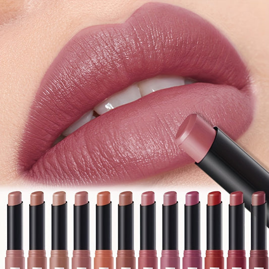 12 shades of hydrating matte lipstick suitable for all skin types, including orange, coral, pink, purple, and red hues.