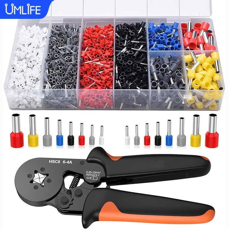 UMLIFE Ferrule Crimping Tool Kit with various wire connectors, insulated tubular crimp terminals, and self-adjustable ratchet crimper.