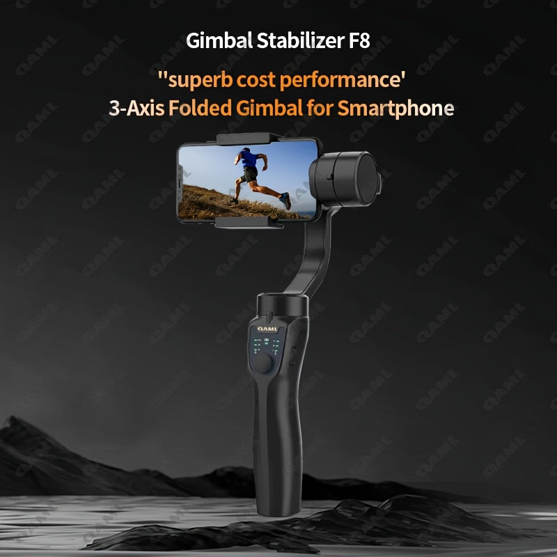 QAML 3-Axis Smartphone Gimbal Stabilizer with USB charging, wireless capabilities, and tripod. Ideal for vlogging, sports, and travel. Compatible with iPhone and Android devices.