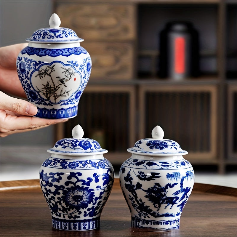 Blue and White Porcelain Tea Leaf Jar with Lid, 350ml/12oz, for storing black tea and pu'er tea.