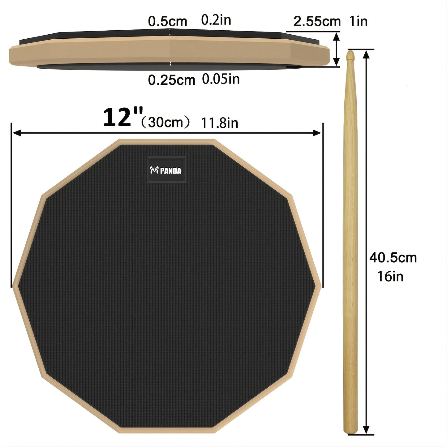 Панда 12-дюймовый двусторонний бесшумный ударный пад с заглушками, барабанными палочками и сумкой для хранения - идеален для реалистичной практики игры на барабанах.