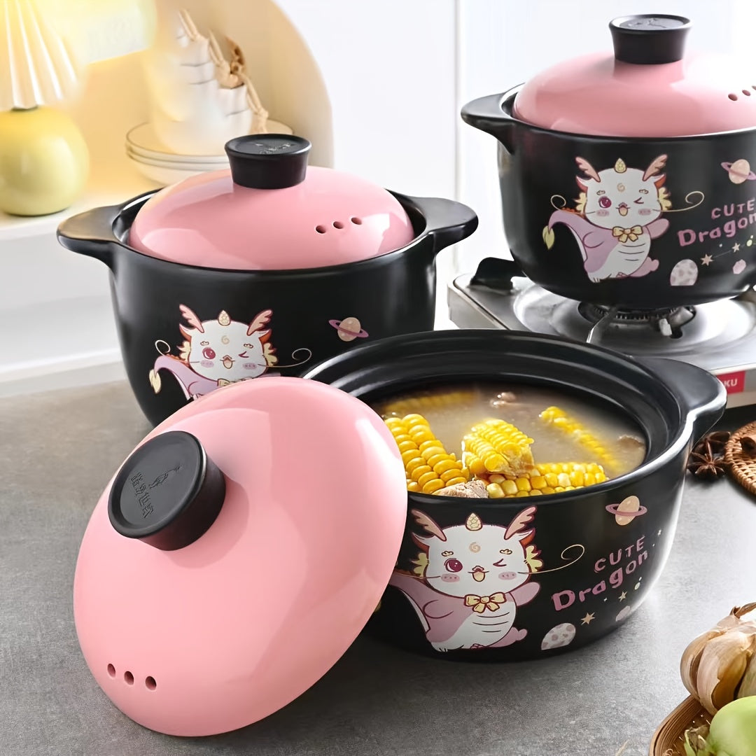 Cookware set including a ceramic soup pot, clay cooking pot, and casseroles with cartoon pattern stew pottery, ideal for making hot pot and soup dishes.