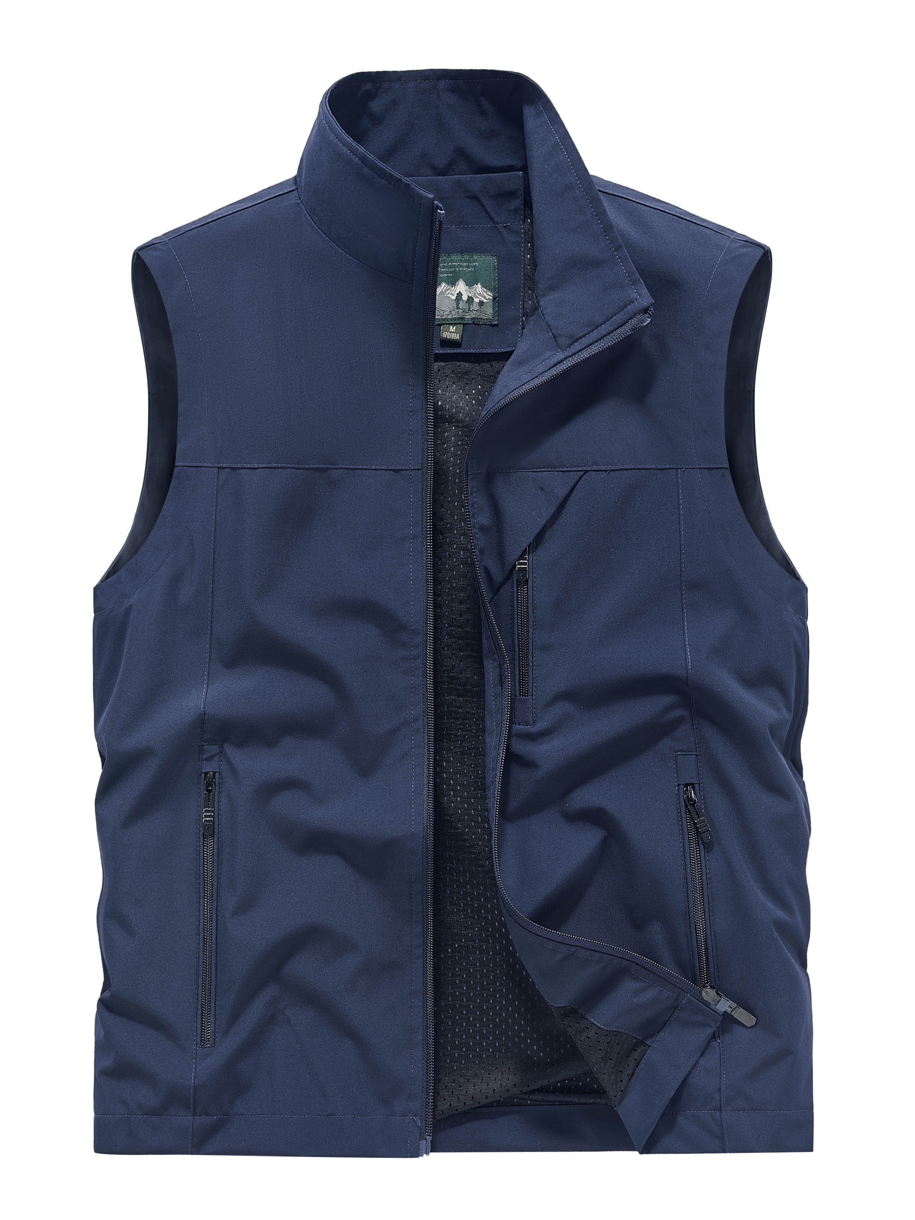 Men's Sleeveless Jacket with Zipper Pockets, Stand Neck Vest for Outdoor Activities.