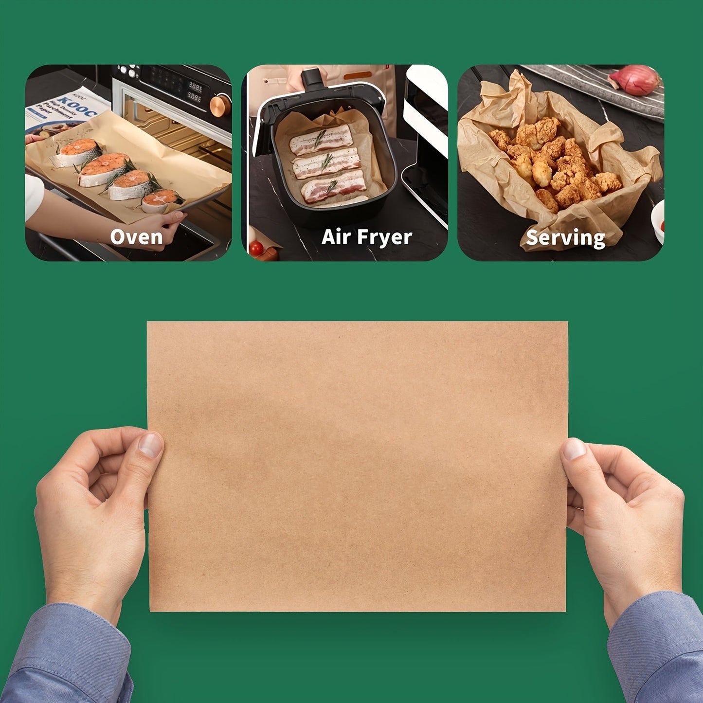 50 pieces of disposable air fryer liners that are non-stick and lead-free. These oil-proof parchment papers are perfect for use in both baskets and trays, making them essential accessories for your oven. Stock up on these kitchen supplies today!