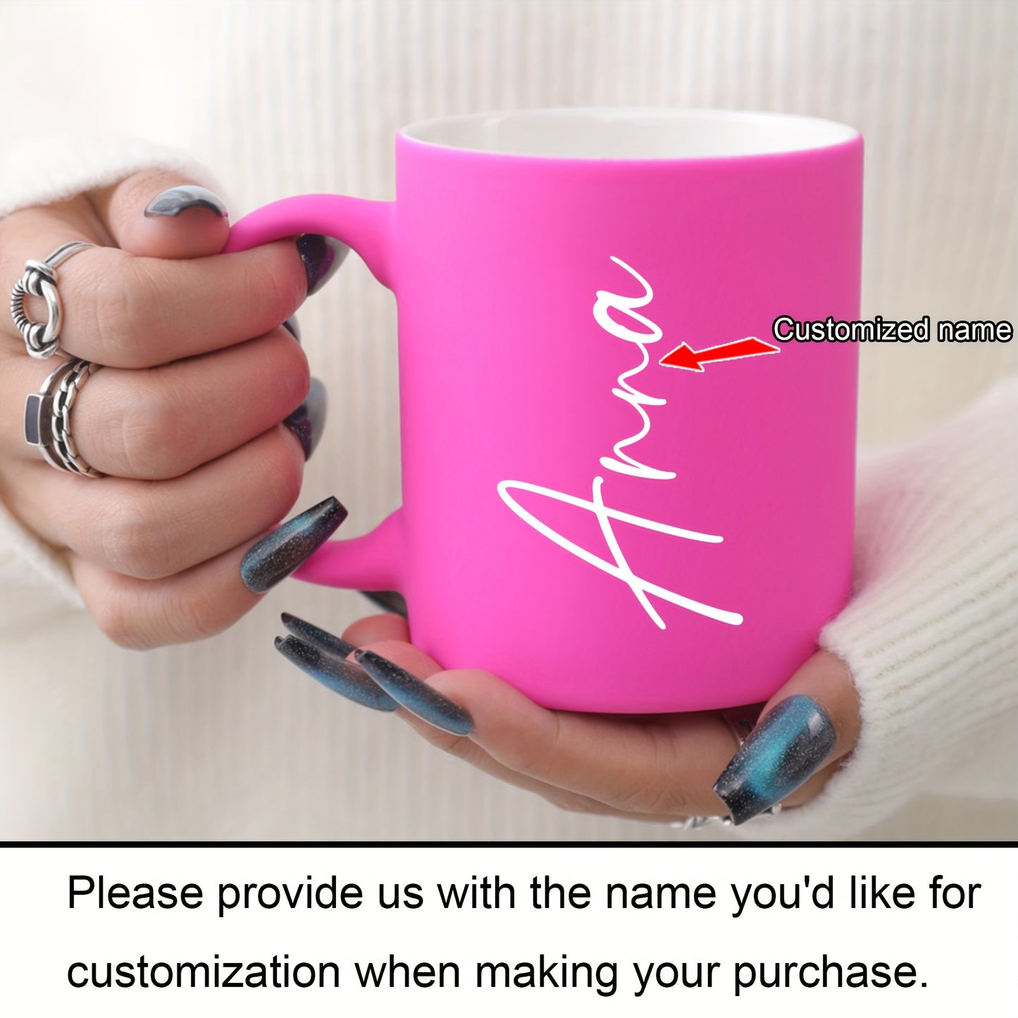 Custom 11oz ceramic coffee mug with personalized name, dishwasher and microwave safe. Perfect for drinks and gifting on birthdays or Valentine's Day for family, friends, and coworkers.