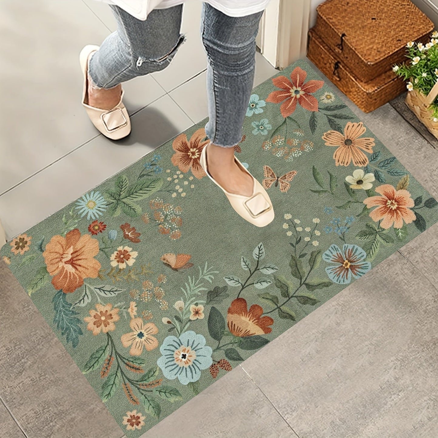 Durable Polyester Entrance Doormat with PVC Backing - Soft, Washable Floral Design for Entryway, Bathroom, Bedroom, Living Room, Laundry - Anti-Fouling, Bohemian Style Rug