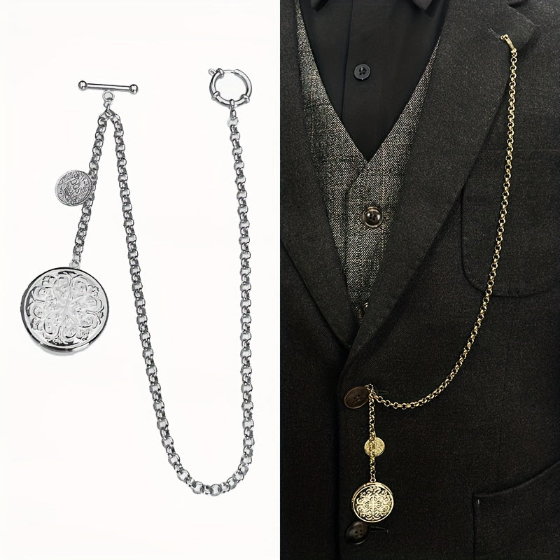 Versatile Retro Vest Chain Men's Suit Brooch Lapel Pin Set with Photo Box