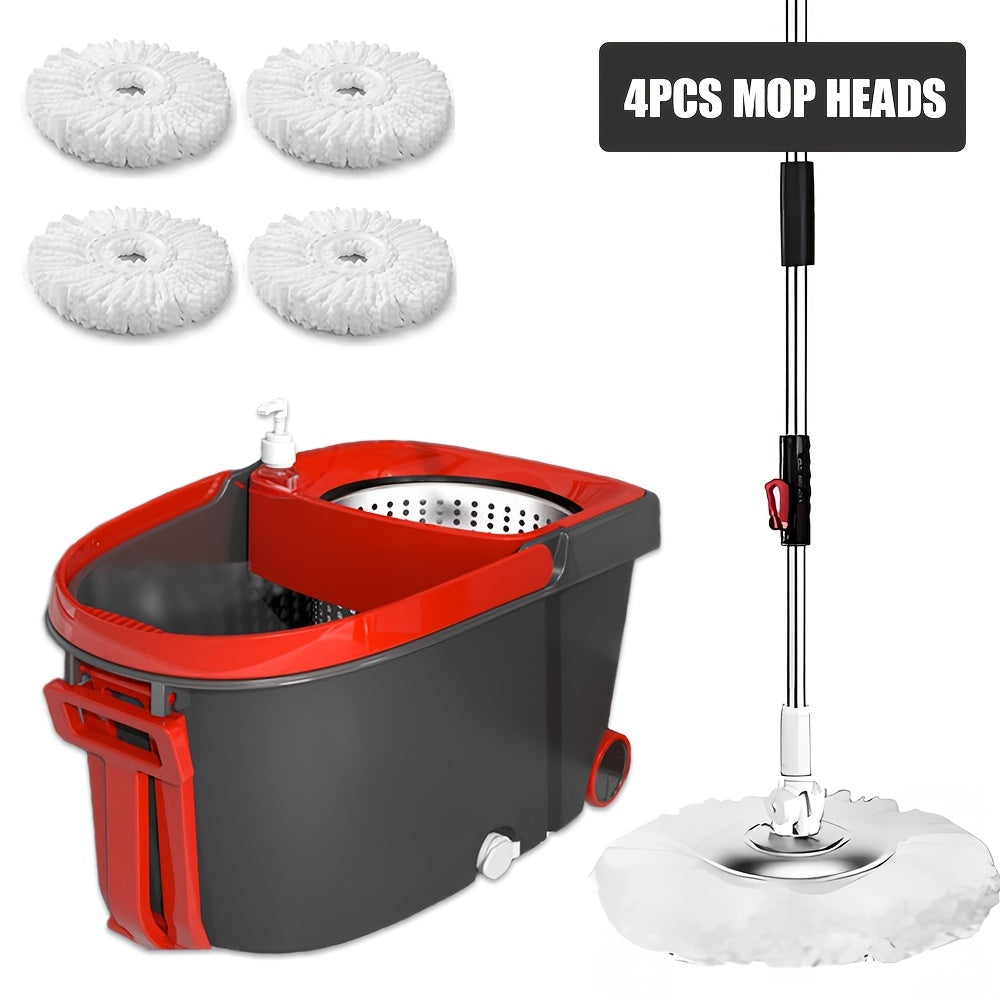 Premium Spin Mop and Bucket Set with Wrist Strap, Includes 4 Microfiber Replacement Heads, 2 Rolling Wheels, Hands-Free Floor Cleaning Kit for Living Room, Bedroom, Bathroom, and Kitchen - Made with Long-lasting Plastic Material