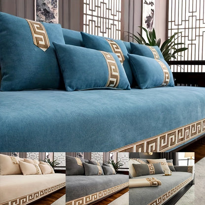 Modern Chenille Sofa Cover with Geometric Jacquard Design - Pet friendly, machine washable, non-slip, easy to clean. Fits armchairs to 4-seater sectional sofas. Made with soft polyester and features lace craftsmanship and active printing.