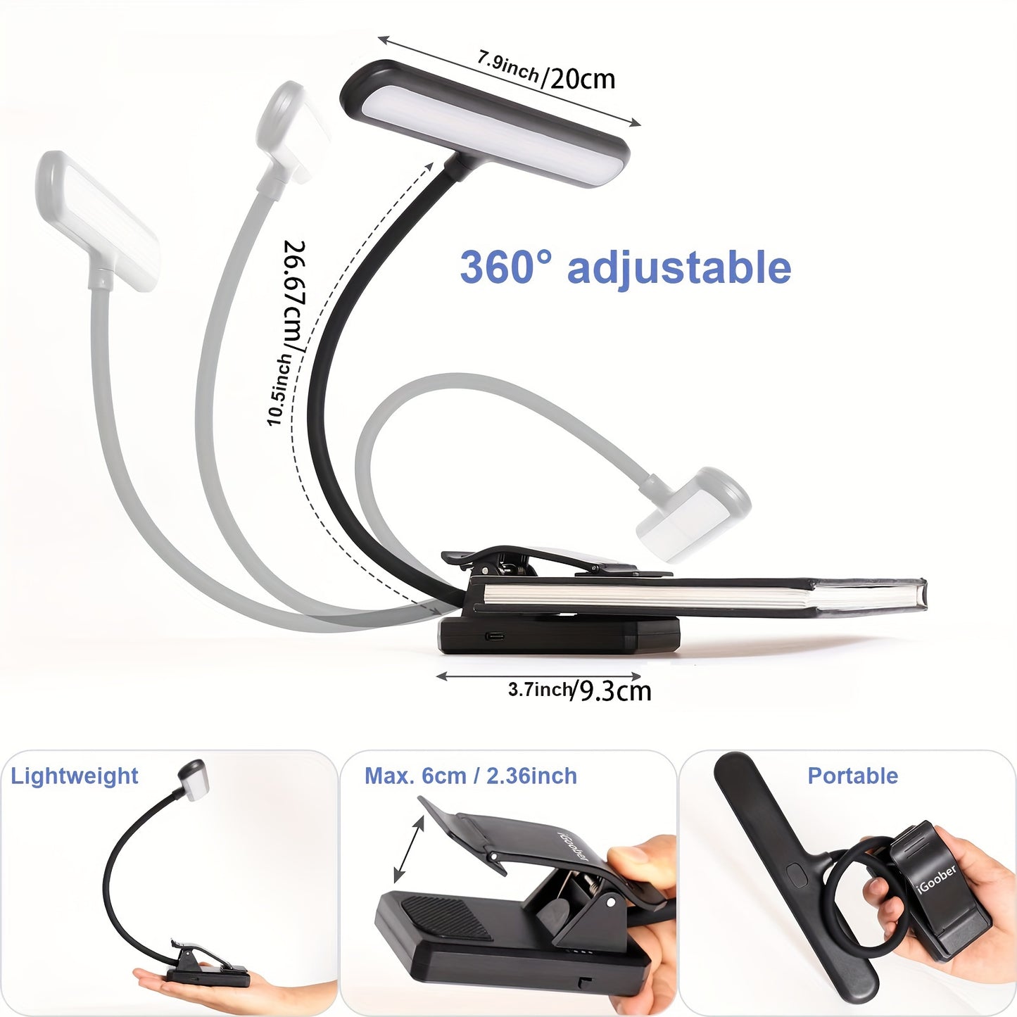 Portable LED music stand light with clip, equipped with 28 LEDs in 4 color modes and 3 brightness levels. Features eye-care technology, blue light blocking, and USB-C rechargeable design for musicians, piano, and keyboard players.