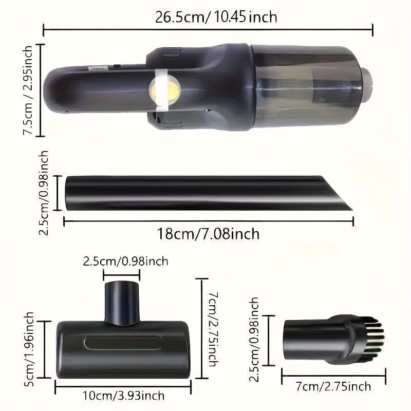 Cordless vacuum with high suction power for versatile cleaning in home, car, and office. Sleek design with USB charging and 1800mAh lithium battery.