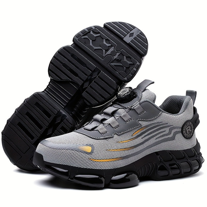 Men's steel toe safety sneakers with rotary button closure for all-season protection during work and outdoor activities.