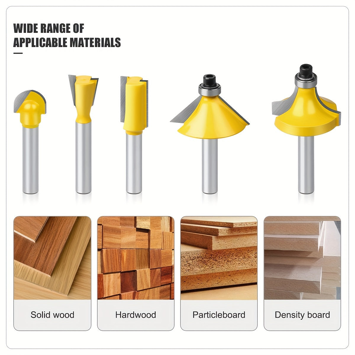 Set of 15 6mm router bits with 1/4" and 8mm shanks for woodworking in a wooden case. Ideal for trimming, slotting, and engraving wood with tungsten carbide milling cutters.