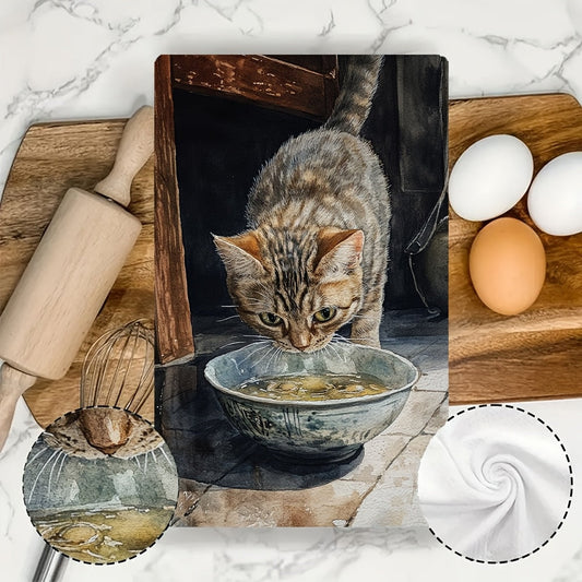 Set of 2 Kitchen Towels with "The Gentle Meow of a Kitten Asking for Food" Design - Super Soft, Quick-Drying & Easy to Clean Dish Hand Towels, Modern 40.64x60.96 cm Size, Ideal for Festive Decor, Must-Have Kitchen Accessories