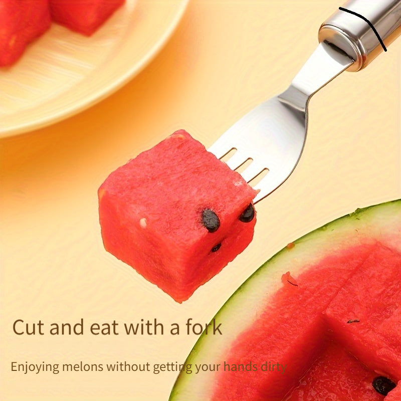 Stainless Steel Watermelon Slicer and Fork for easy, efficient cutting of perfect watermelon cubes, with an ergonomic handle and serving fork included.