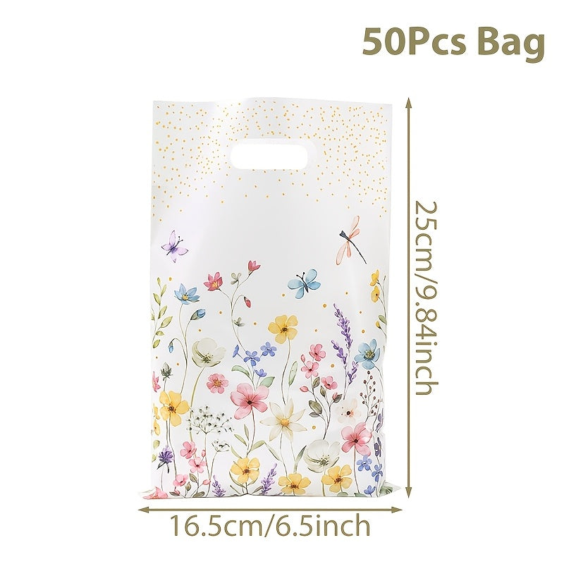 10/25/50pcs of Wildflowers Theme Plastic Gift Bags with Leaf and Flower Design - Punch Hole Handle, ideal for Mother's Day, Weddings, Birthdays.