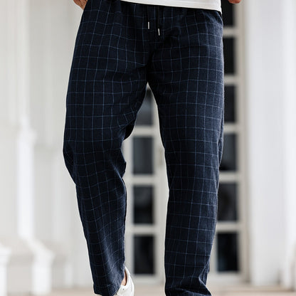 Men's Comfortable Plaid Sleep Pants with Drawstring, Machine Washable Polyester, Black & White Grid Pattern