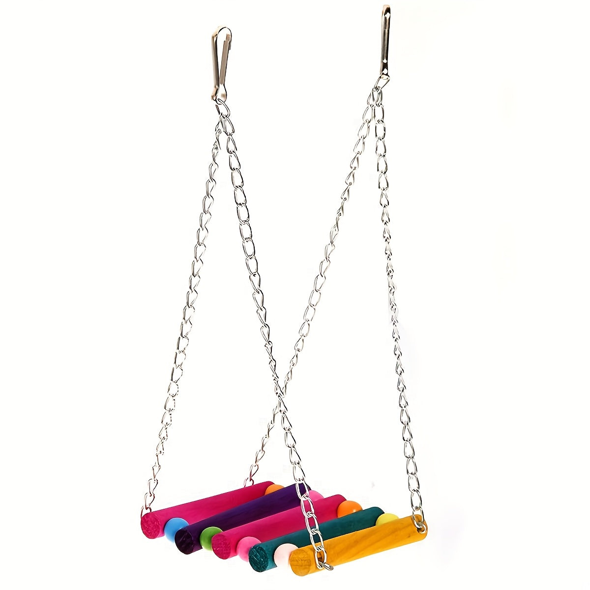 Colorful wooden bird swing toy for parrot perch, chew plaything, and cage accessory.