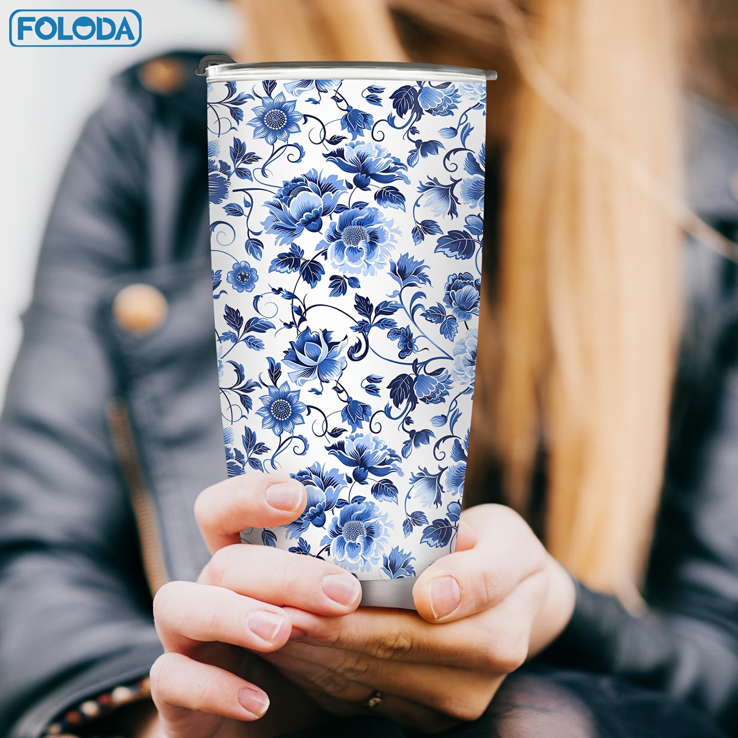 Foloda 20oz Blue Floral Stainless Steel Tumbler - Double-Wall Vacuum Insulated Travel Mug with Lid and Straw, Ideal Gift for Women - Hand Wash Only