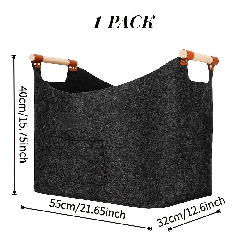 Extra large foldable fire basket made of thickened felt with a capacity of 55L, perfect for fireplaces. Features extended handles for easy carrying, doubles as a space-saving firewood and vegetable basket in dark gray color. Perfect for indoor wood