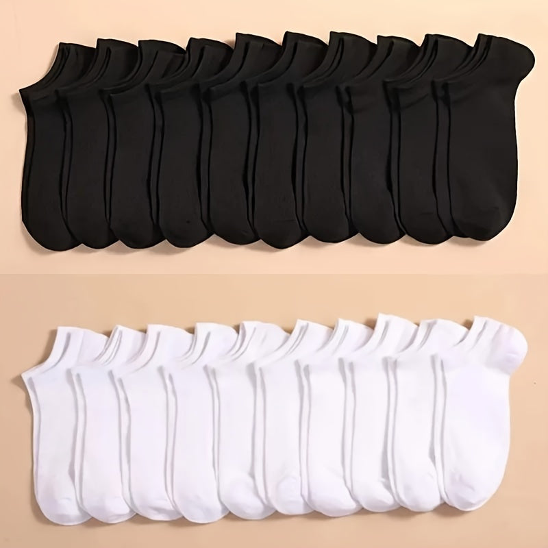 10/20 pairs of black, white, and grey ankle socks made of 100% polyester knit fabric. Solid colors, hand wash only. Breathable and sweat absorbent summer thin boat socks. Cute design.