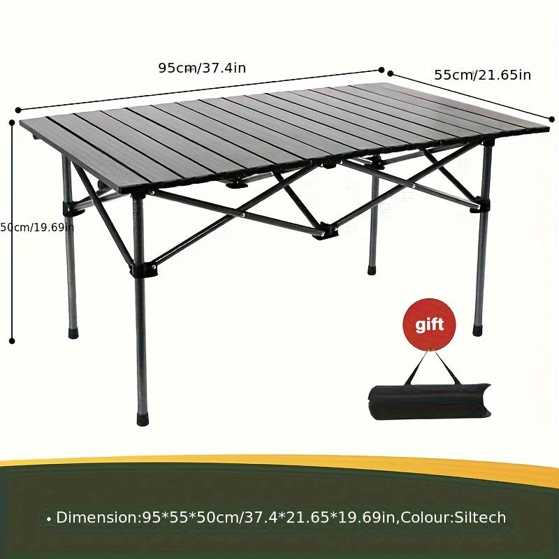 Portable, foldable outdoor table suitable for camping. Crafted from durable golden material in a convenient roll-shaped design.