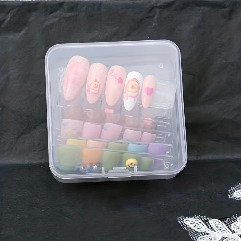 Small transparent storage boxes with hinged lids, ideal for storing stickers and other accessories. Can also be used as a portable organizer for various items. Available in packs of 5 or 10.