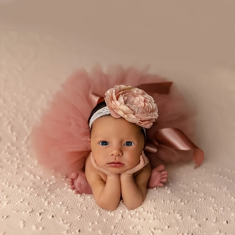 Newborn Girls' Ballet Skirt and Headband Set in Rose Gold Tulle - Featuring Floral Hairband and Fluffy Tutu for Photo Shoots and Special Occasions - Perfect Infant Ballet Costume Gift Set